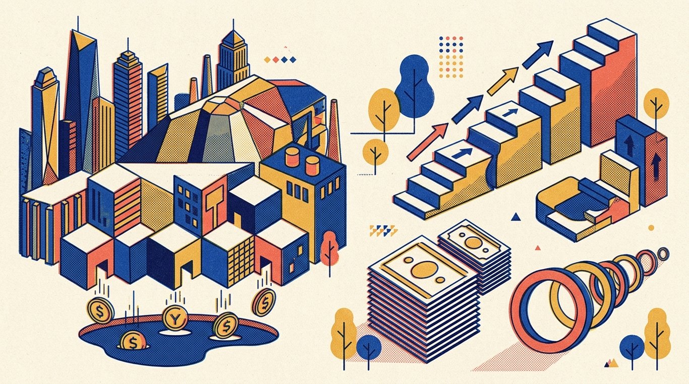 Contemporary risograph editorial illustration of soaring modern commercial office towers and industrial infrastructure hubs divided into modular, tradeable micro-investment blocks dispensing steady rental yields for 'Real Estate vs Equity: Which Creates More Long-Term Wealth in India?'