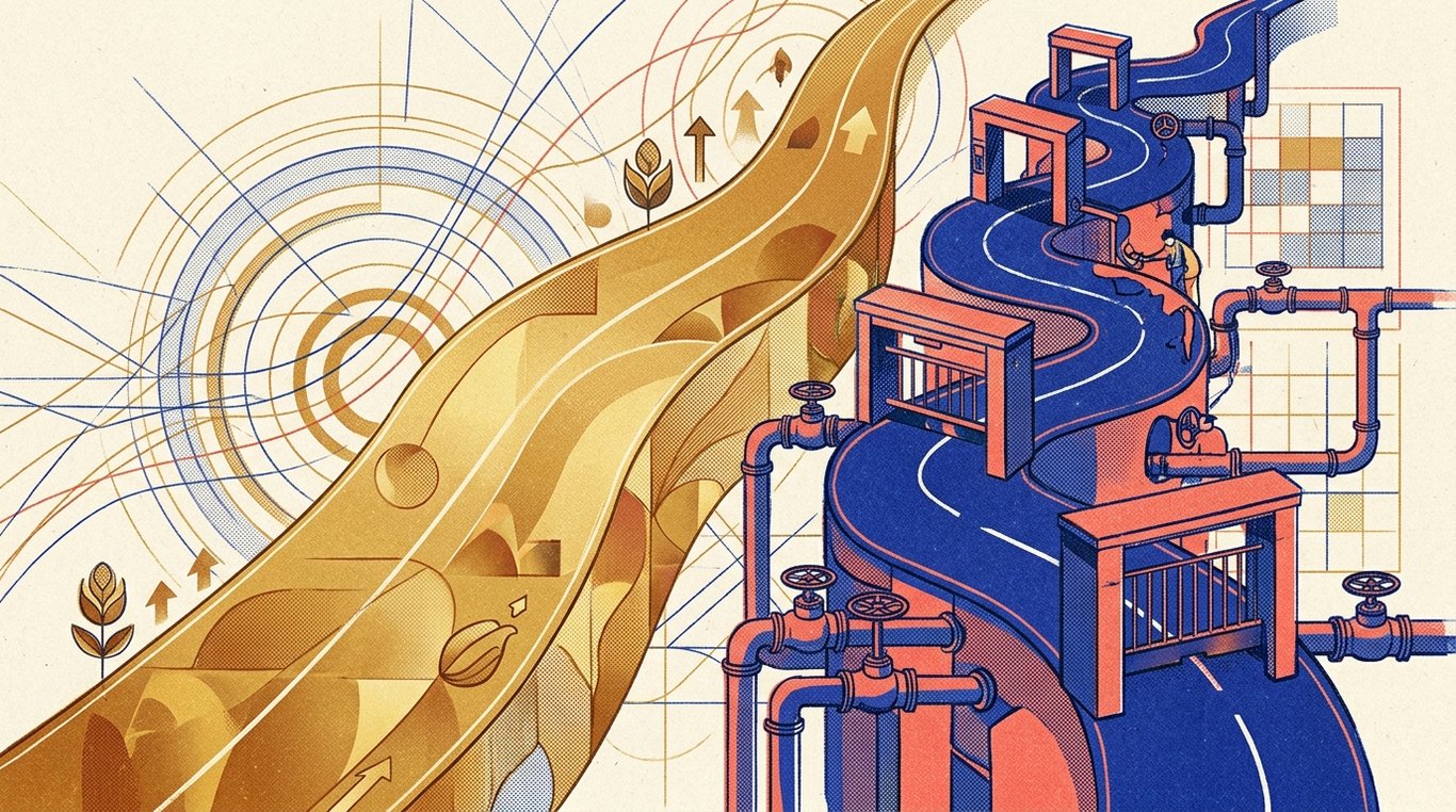 Contemporary risograph editorial illustration of two parallel financial highways: a smooth direct golden compounding freeway on one side, and an obstructed pathway with tollgates and commission siphon pipes on the other for 'Regular vs Direct Mutual Funds: How Commissions Eat Your Returns'