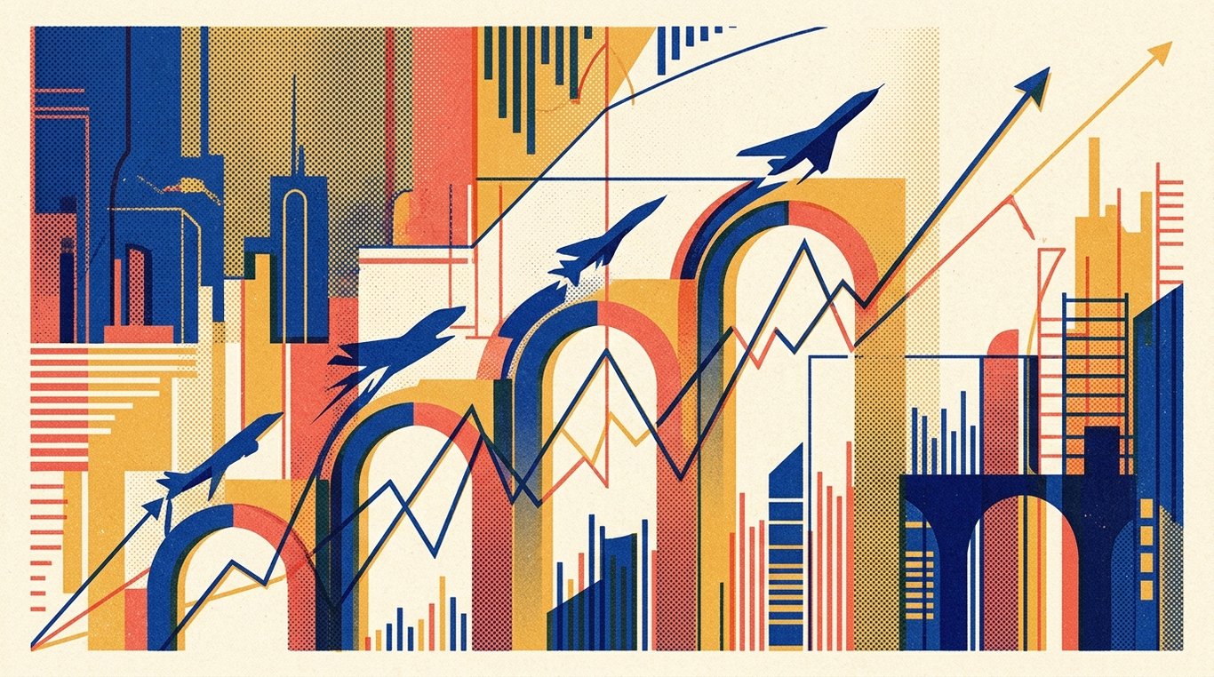 Contemporary risograph editorial illustration of ascending geometric trajectory arches and soaring enterprise silhouettes climbing alongside precision analytical drafting lines for 'Revenge Trading: How to Stop the Cycle of Making Losses'