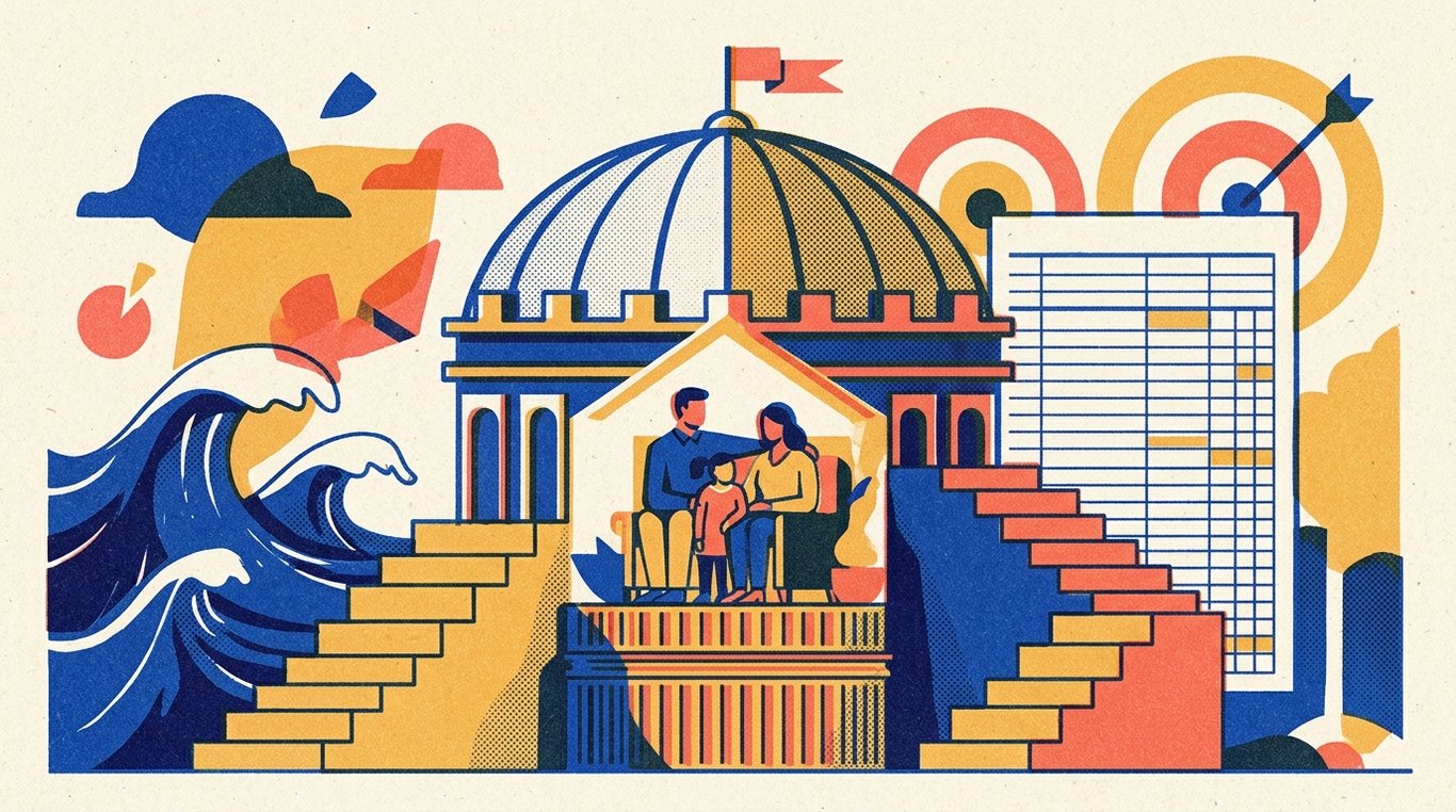 Contemporary risograph editorial illustration of imposing, fortified architectural dome shield sheltering a family sanctuary and financial foundation against storm waves and sudden external turbulence for 'Section 80D Tax Benefits on Health Insurance: How to Maximize Deductions'