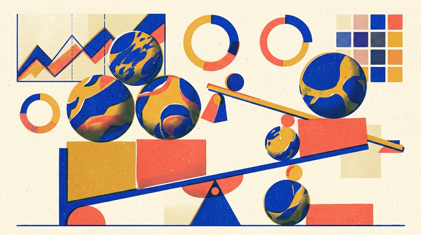 Contemporary risograph editorial illustration of balanced geometric structure of equity growth spheres and foundational debt blocks maintained in equilibrium by dynamic allocation levers for 'Sectoral and Thematic Funds: Why Retail Investors Should Avoid Them'