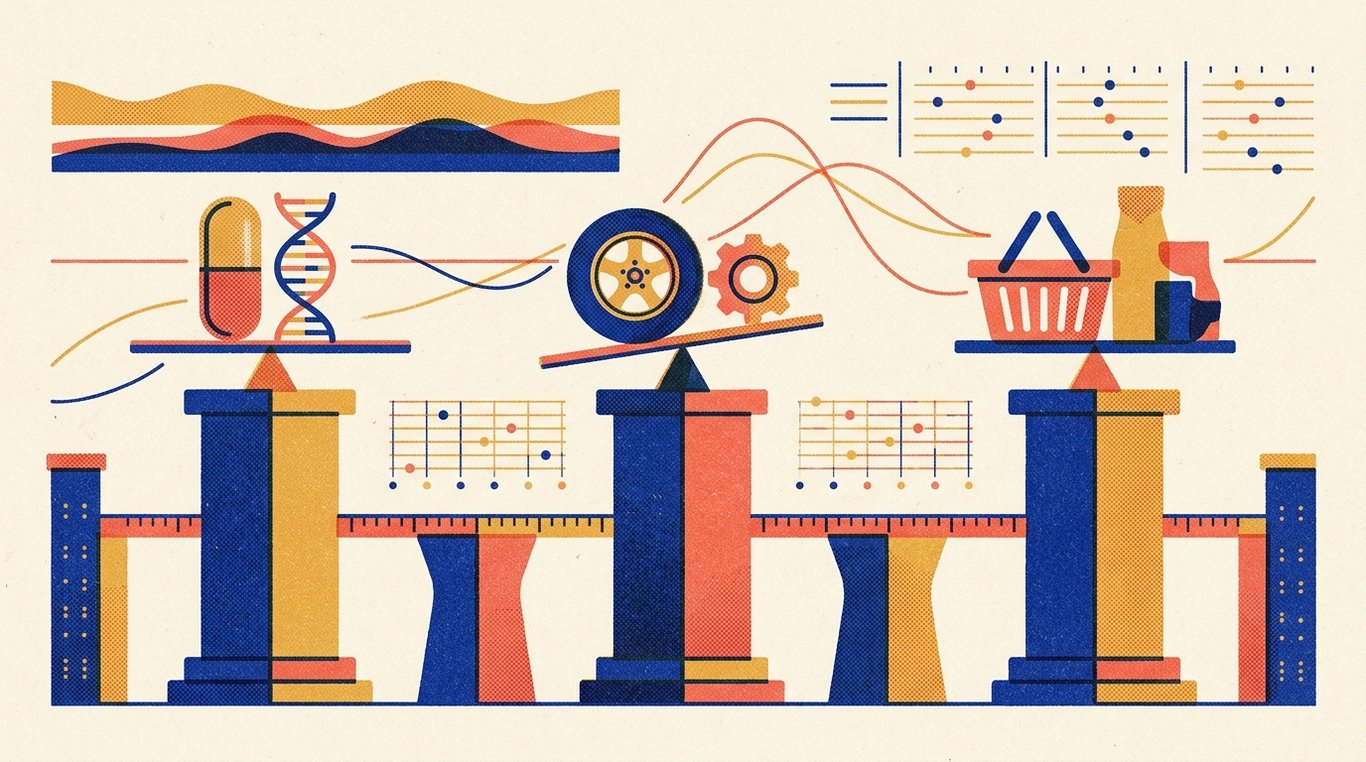 Contemporary risograph editorial illustration of harmonious architectural colonnade of balanced geometric pedestals and calibrated index rails supporting diverse enterprise sectors in equilibrium for 'Sectoral ETFs in India (Pharma, Auto, Consumption): A Deep Dive'
