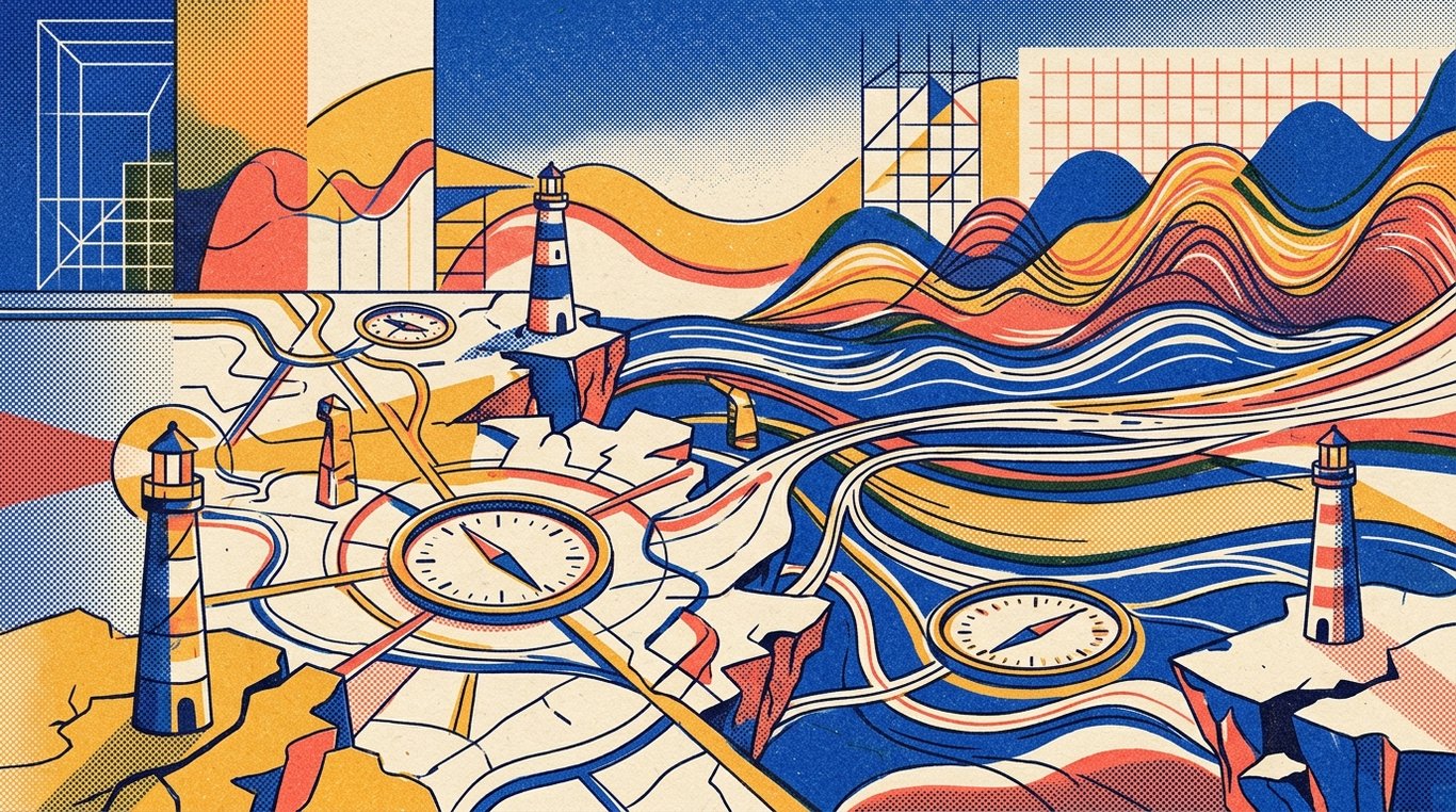 Contemporary risograph editorial illustration of intricate navigational financial map with self-calibrating compass dials and beacon lighthouses guiding capital through changing market cycles for 'Secured vs Unsecured NCDs: Don't Get Caught in a Default'