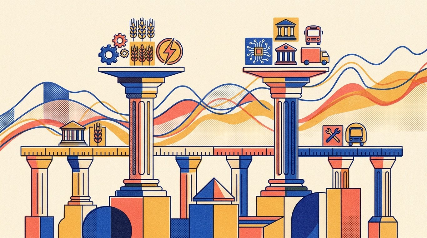 Contemporary risograph editorial illustration of harmonious architectural colonnade of balanced geometric pedestals and calibrated index rails supporting diverse enterprise sectors in equilibrium for 'Sensex vs Nifty 50: Which Index Fund Should You Choose?'