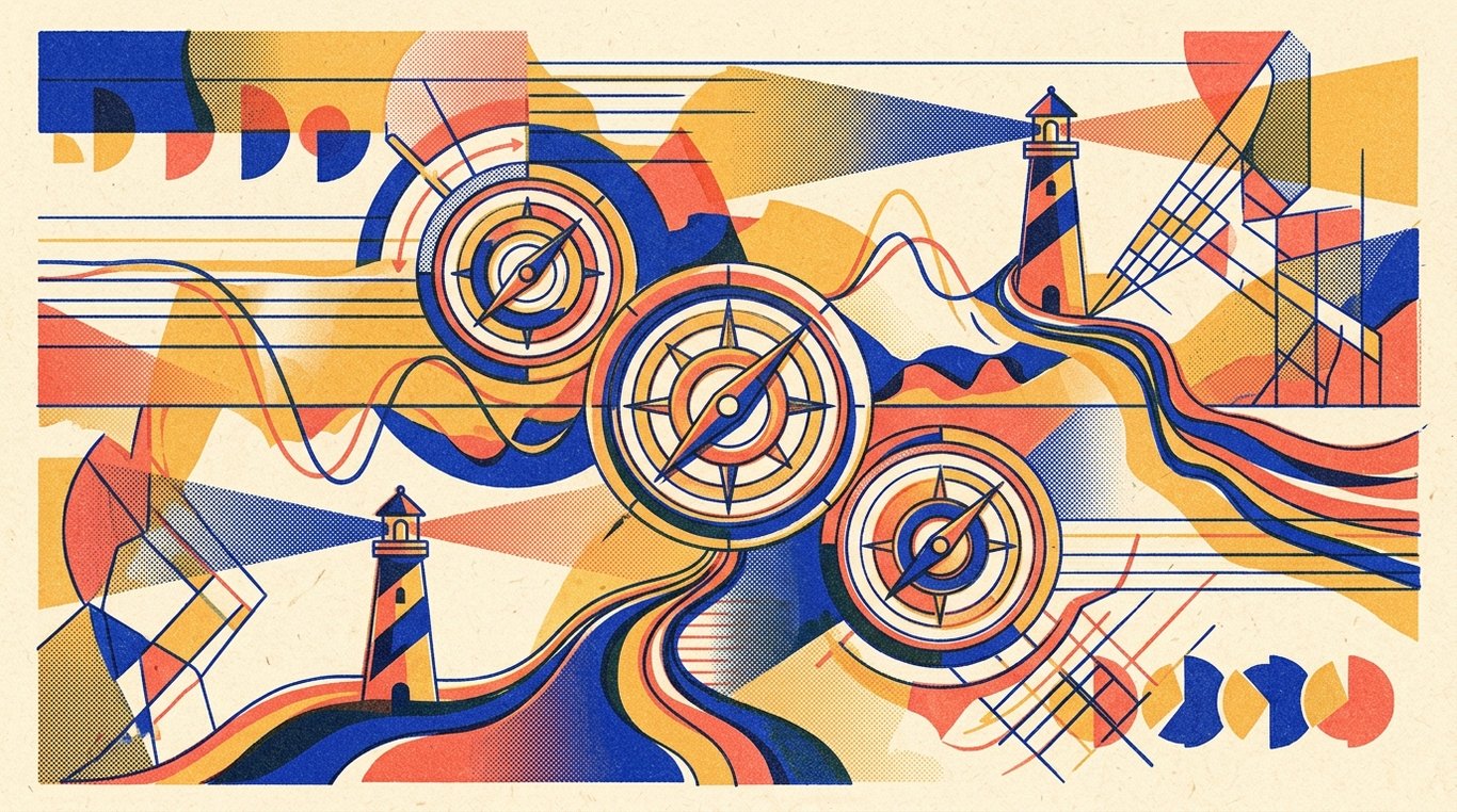 Contemporary risograph editorial illustration of intricate navigational financial map with self-calibrating compass dials and beacon lighthouses guiding capital through changing market cycles for 'Sensex vs Nifty: Analyzing 20 Years of Historical Data'