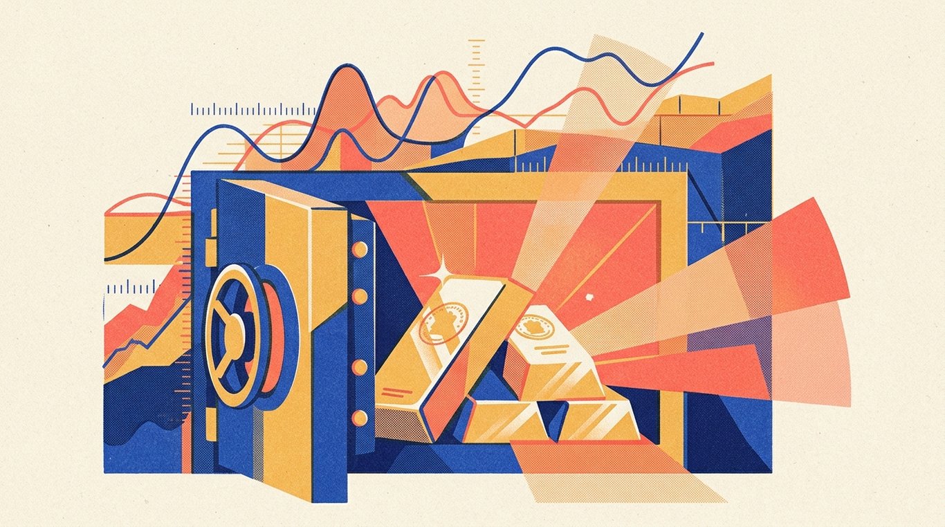 Contemporary risograph editorial illustration of polished geometric bullion bars and sovereign seal ingots resting safely inside a reinforced bank vault safe, emitting warm luminescent financial security rays for 'SGB as Collateral: How to Take a Loan Against Your Gold Bonds'