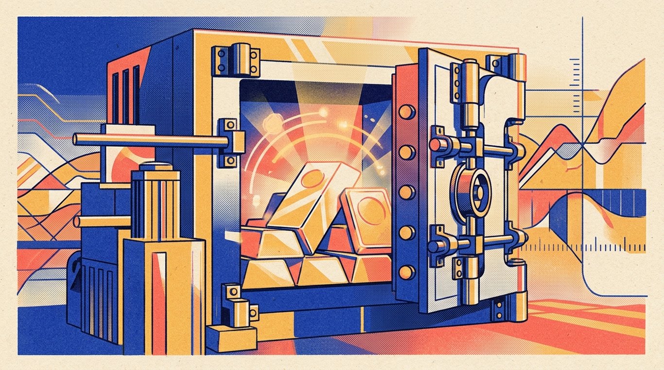Contemporary risograph editorial illustration of polished geometric bullion bars and sovereign seal ingots resting safely inside a reinforced bank vault safe, emitting warm luminescent financial security rays for 'SGB Secondary Market: Buying Gold Bonds at a Discount'
