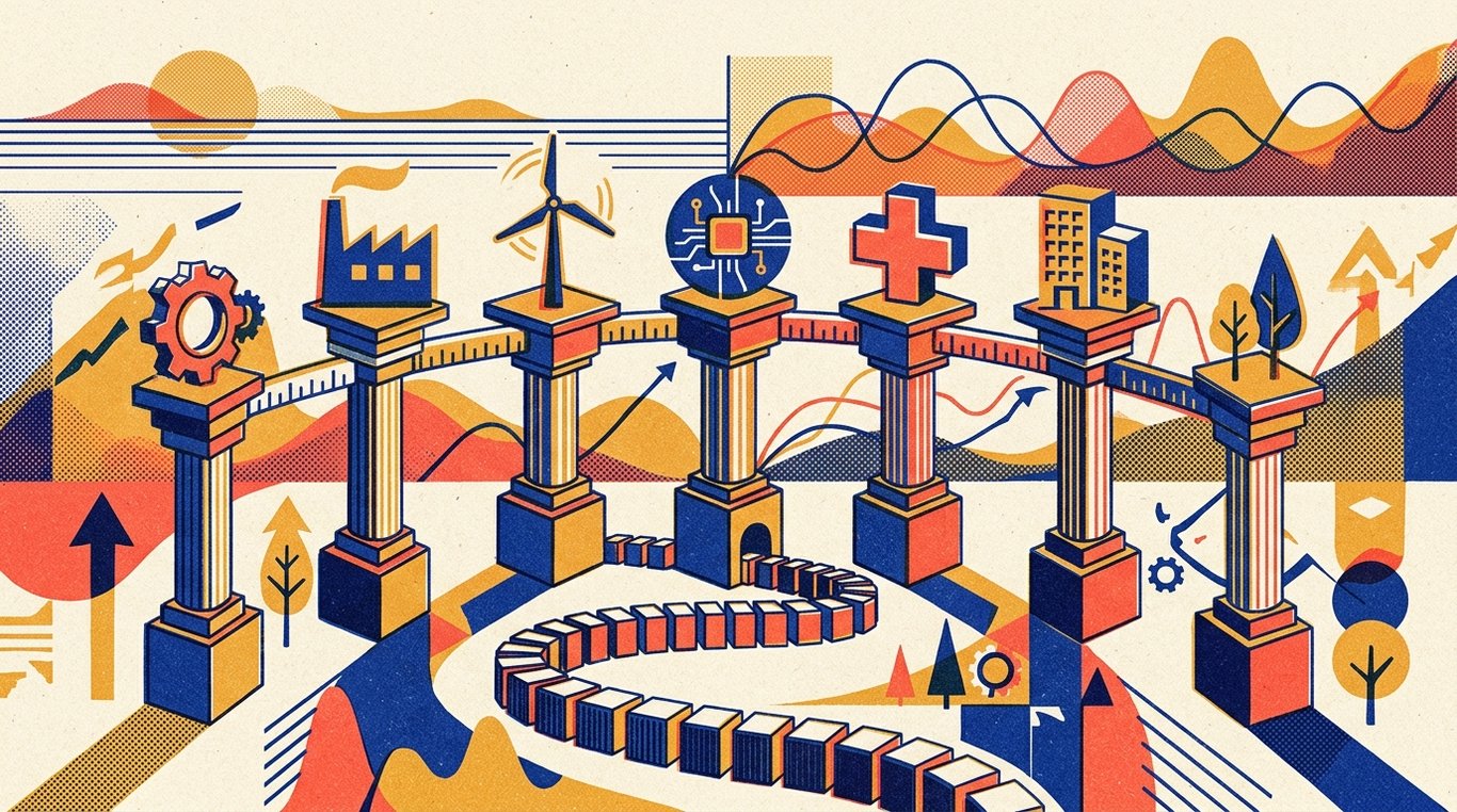 Contemporary risograph editorial illustration of harmonious architectural colonnade of balanced geometric pedestals and calibrated index rails supporting diverse enterprise sectors in equilibrium for 'Should You Do a SIP in an ETF? Pros and Cons'