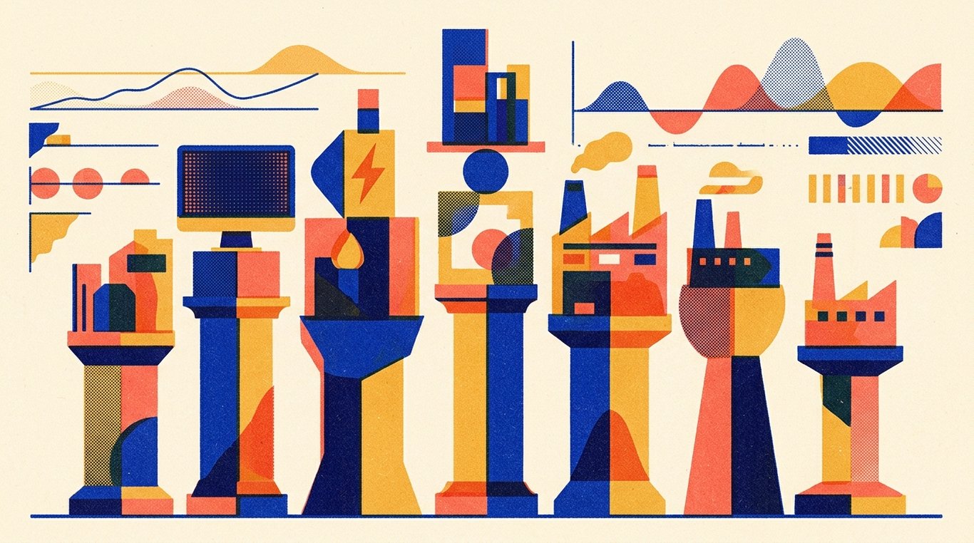 Contemporary risograph editorial illustration of harmonious architectural colonnade of balanced geometric pedestals and calibrated index rails supporting diverse enterprise sectors in equilibrium for 'Should You Shift Your Entire Portfolio to Index Funds?'
