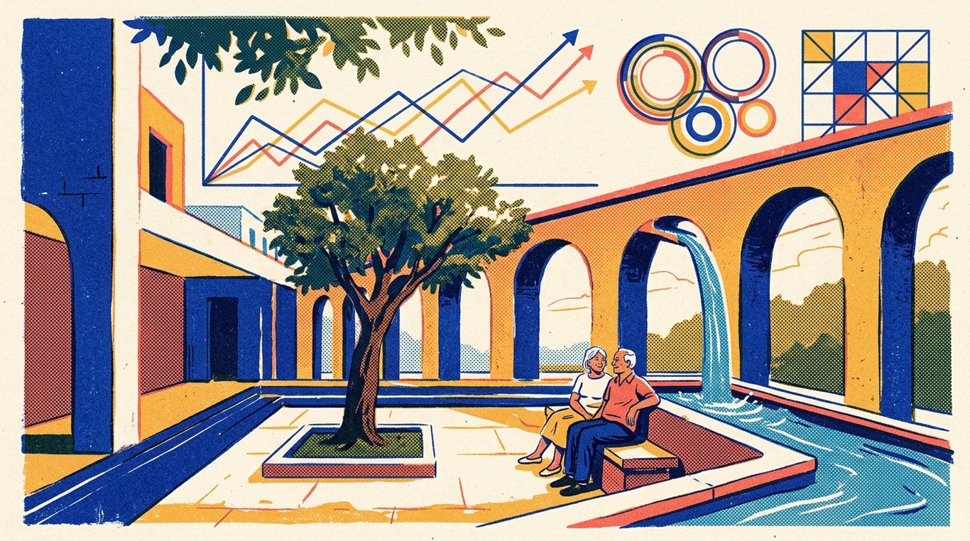 Contemporary risograph editorial illustration of serene architectural courtyard with sturdy shade trees and a rhythmic, reliable monthly pension aqueduct filling an elderly couple's personal reservoir for 'SIP Step-Up: How Increasing Your SIP by 10% Changes Your Retirement'