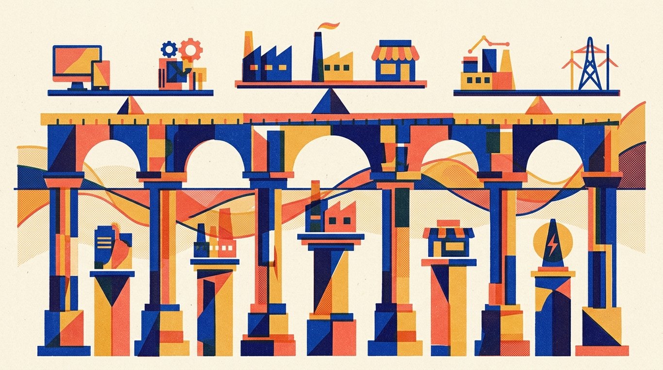 Contemporary risograph editorial illustration of harmonious architectural colonnade of balanced geometric pedestals and calibrated index rails supporting diverse enterprise sectors in equilibrium for 'Smallcap 250 Index Funds: Why Passive Investing is Hard in Small Caps'