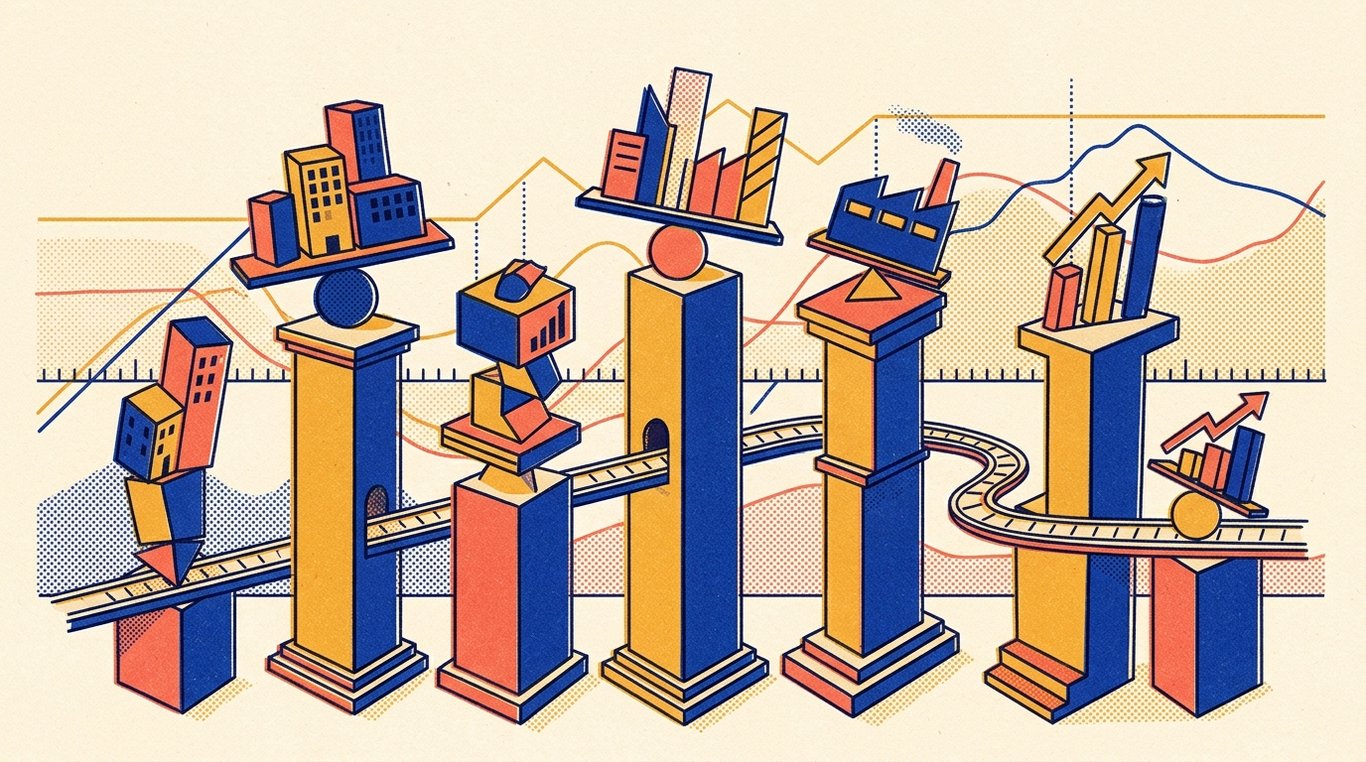 Contemporary risograph editorial illustration of harmonious architectural colonnade of balanced geometric pedestals and calibrated index rails supporting diverse enterprise sectors in equilibrium for 'Smallcap ETFs: High Risk, High Reward, and High Tracking Error'
