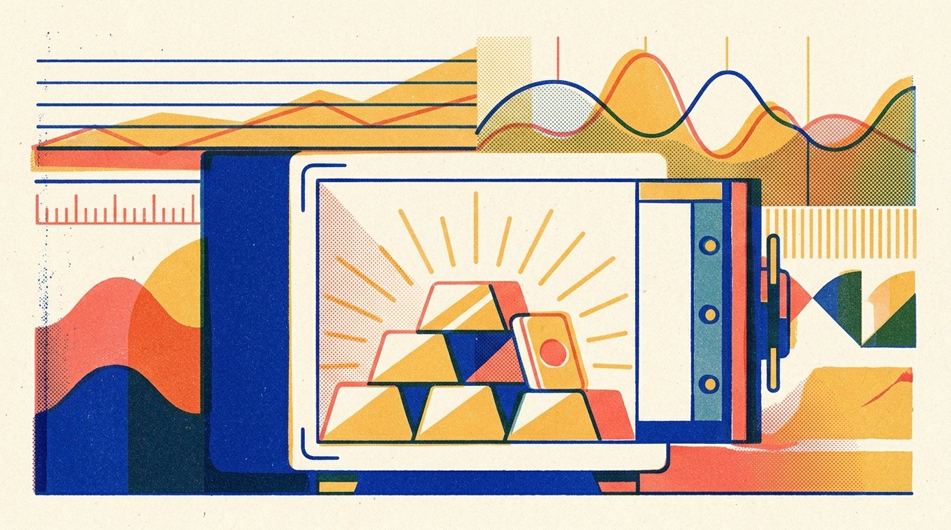 Contemporary risograph editorial illustration of polished geometric bullion bars and sovereign seal ingots resting safely inside a reinforced bank vault safe, emitting warm luminescent financial security rays for 'Sovereign Gold Bonds (SGB) Explained: How They Work'