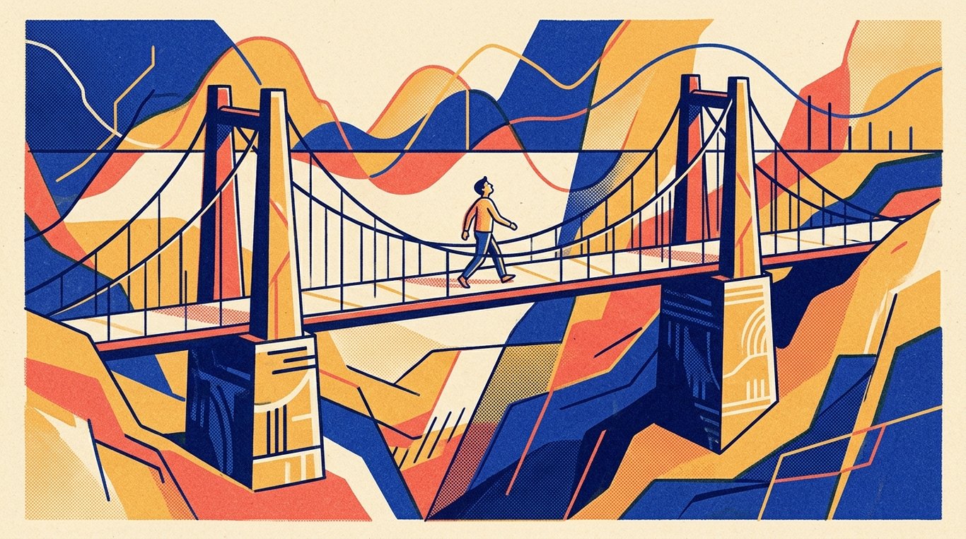 Contemporary risograph editorial illustration of architectural suspension bridge supported by solid collateral pillars, enabling an aspiring individual to cross safely over financial canyons toward long-term goals for 'State Development Loans (SDLs): Higher Yields with Government Backing'