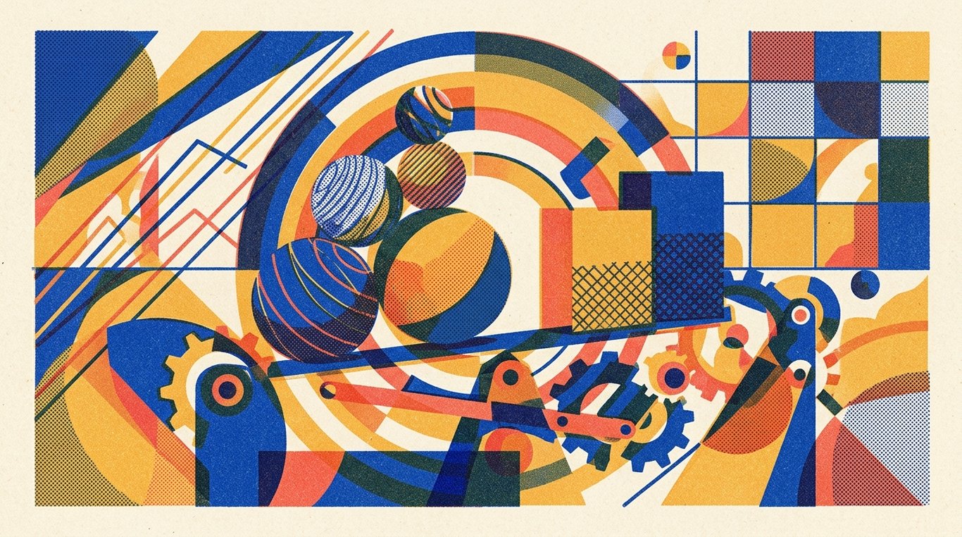 Contemporary risograph editorial illustration of balanced geometric structure of equity growth spheres and foundational debt blocks maintained in equilibrium by dynamic allocation levers for 'Step-by-Step Guide to Completing Mutual Fund KYC Online'