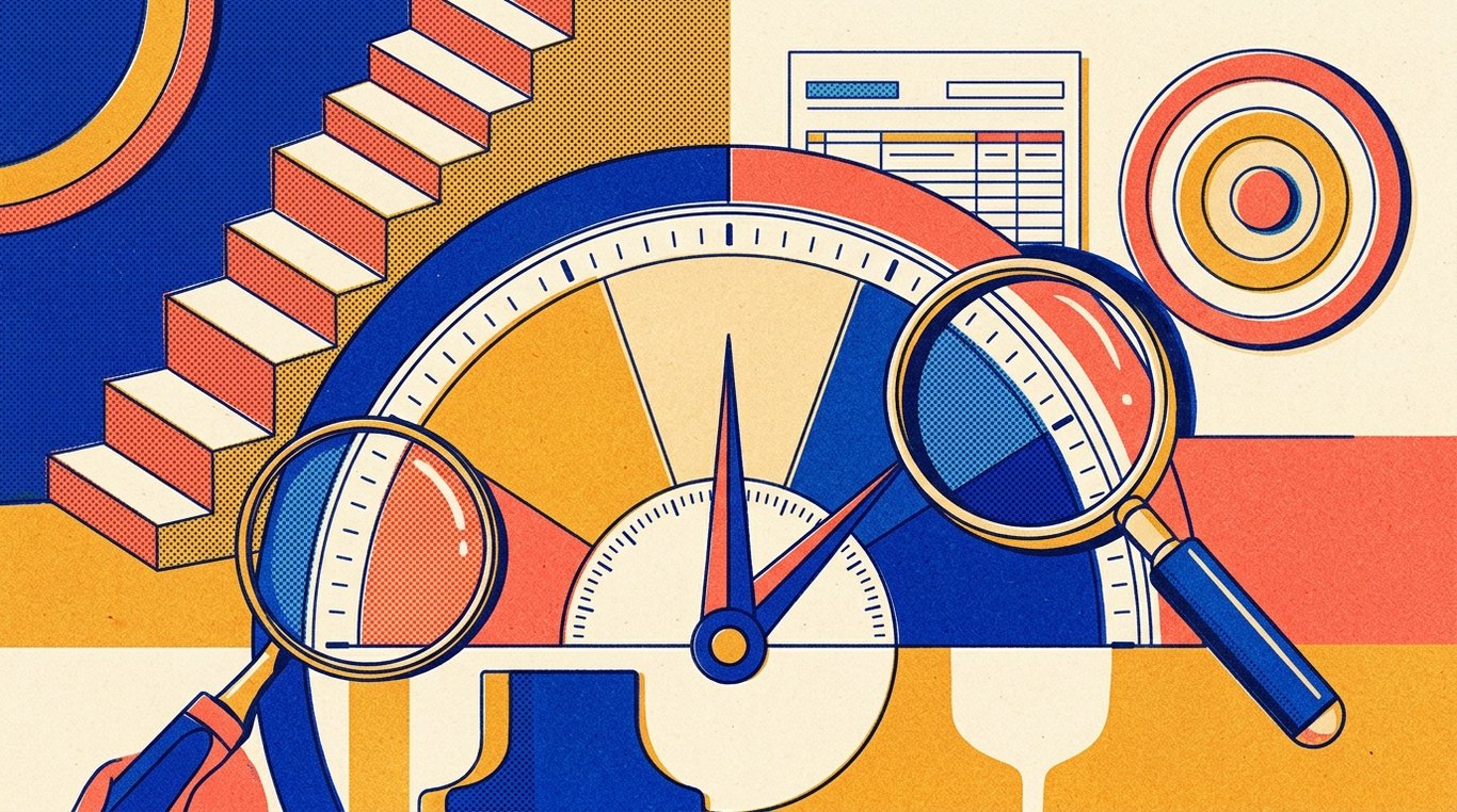 Contemporary risograph editorial illustration of stylized geometric credit score meter gauge with calibrated stability dials and clear verification magnifying instruments for 'Step-by-Step Guide to Improving a Ruined CIBIL Score'
