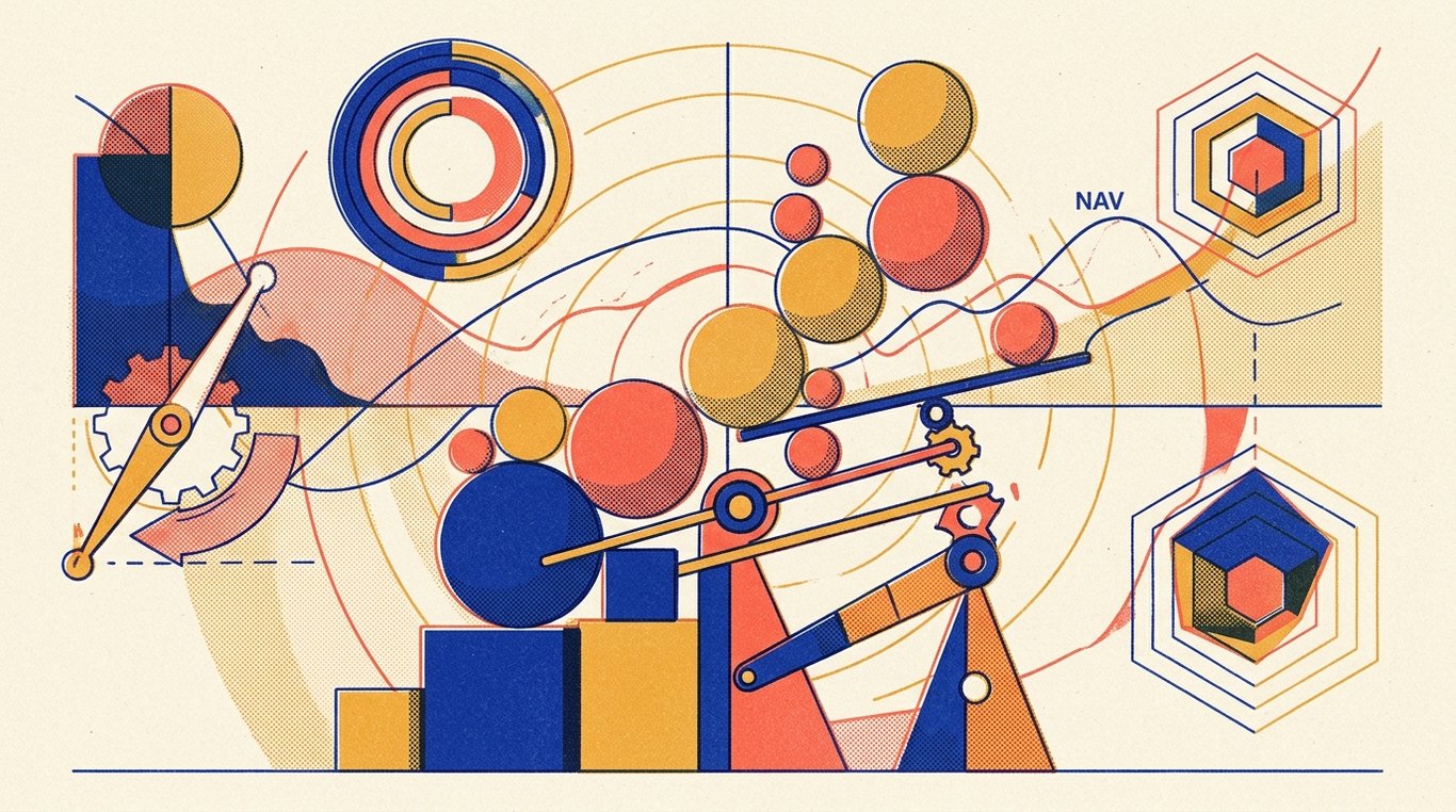 Contemporary risograph editorial illustration of balanced geometric structure of equity growth spheres and foundational debt blocks maintained in equilibrium by dynamic allocation levers for 'STP (Systematic Transfer Plan): How to Invest a Large Lumpsum Safely'