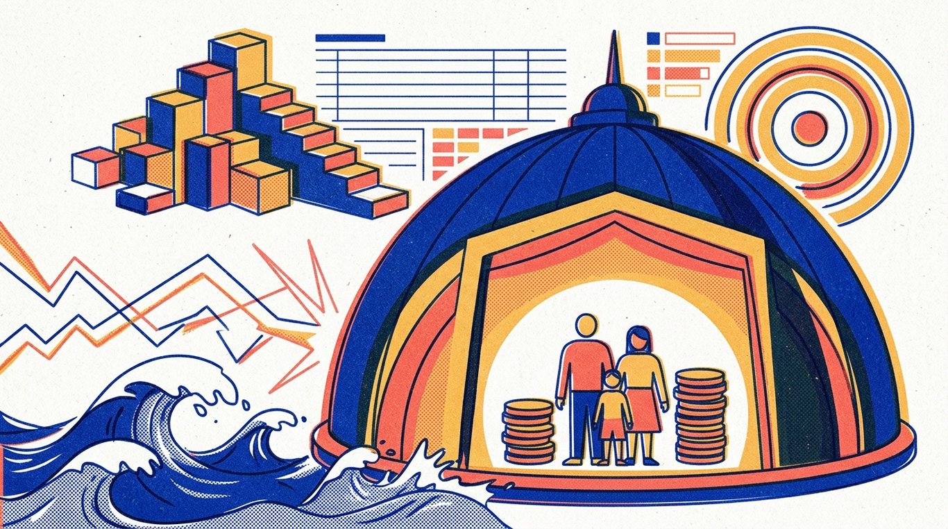 Contemporary risograph editorial illustration of imposing, fortified architectural dome shield sheltering a family sanctuary and financial foundation against storm waves and sudden external turbulence for 'Super Top-Up Health Insurance: How the Deductible Works'