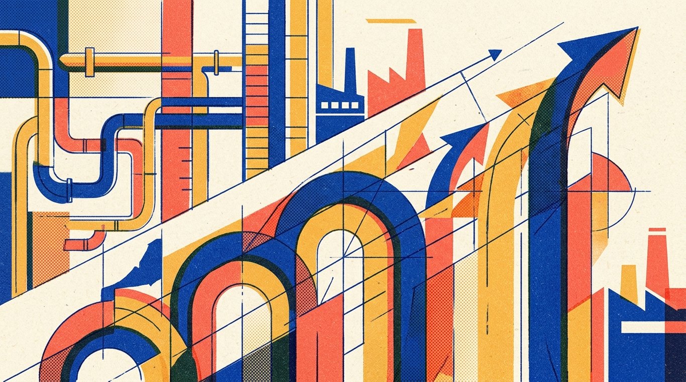 Contemporary risograph editorial illustration of ascending geometric trajectory arches and soaring enterprise silhouettes climbing alongside precision analytical drafting lines for 'T+1 Settlement in India: What it Means for Retail Investors'