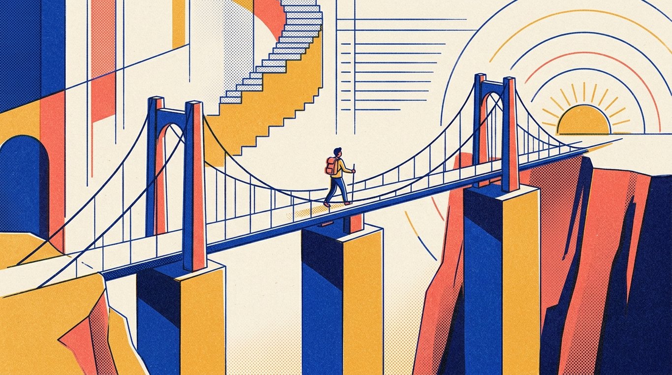 Contemporary risograph editorial illustration of architectural suspension bridge supported by solid collateral pillars, enabling an aspiring individual to cross safely over financial canyons toward long-term goals for 'Taking a Loan for an IPO or F&O Trading? Why it's Financial Suicide'