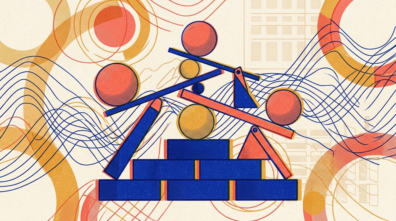 Contemporary risograph editorial illustration of balanced geometric structure of equity growth spheres and foundational debt blocks maintained in equilibrium by dynamic allocation levers for 'Target Maturity Funds: Locking in Interest Rates the Easy Way'