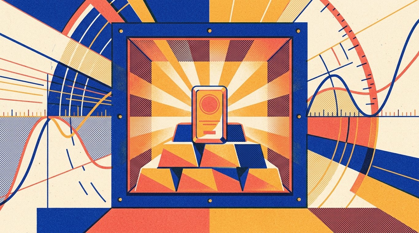 Contemporary risograph editorial illustration of polished geometric bullion bars and sovereign seal ingots resting safely inside a reinforced bank vault safe, emitting warm luminescent financial security rays for 'Tax Benefits of Sovereign Gold Bonds: Why Holding Till Maturity Pays Off'