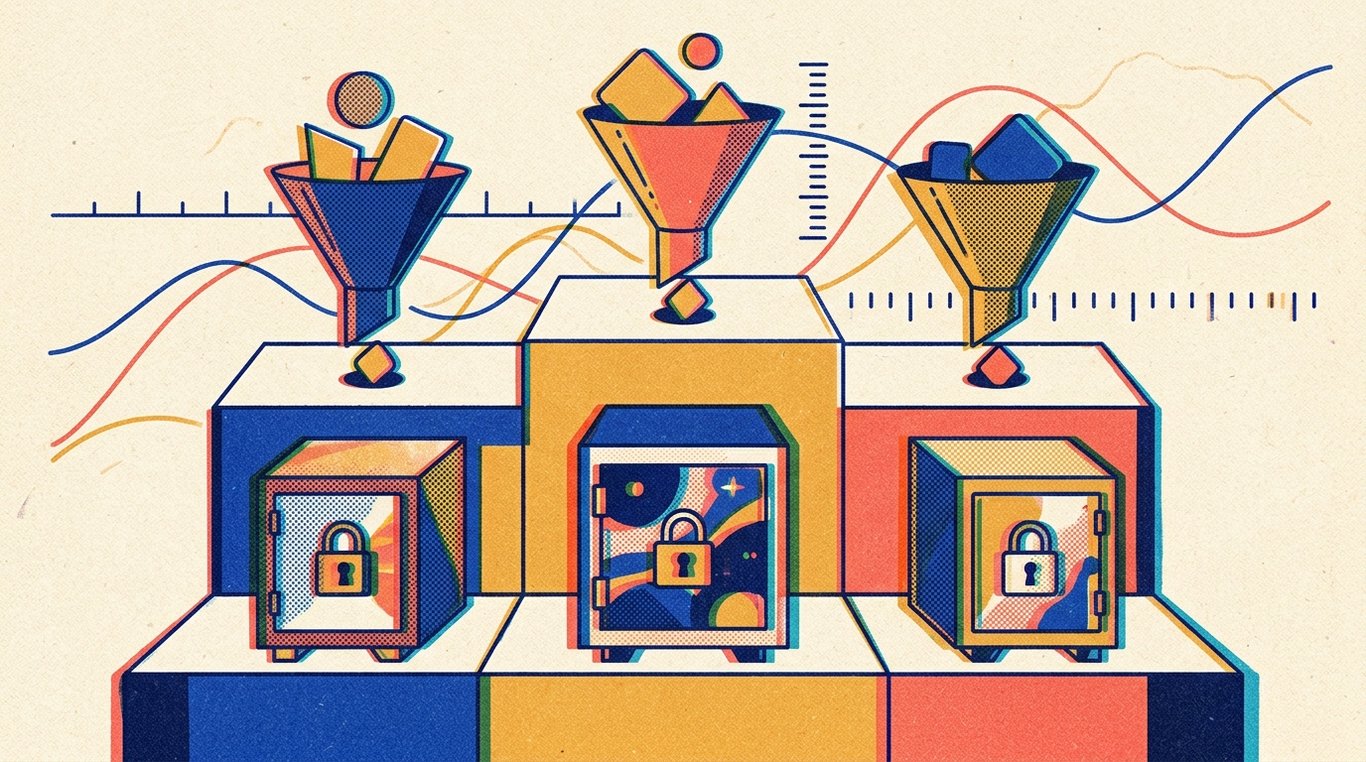 Contemporary risograph editorial illustration of three-tiered podium comparing distinct compounding wealth engines, with geometric tax funnels channeling savings into high-growth investment vaults for 'Tax Implications of Interest Earned on NCDs'