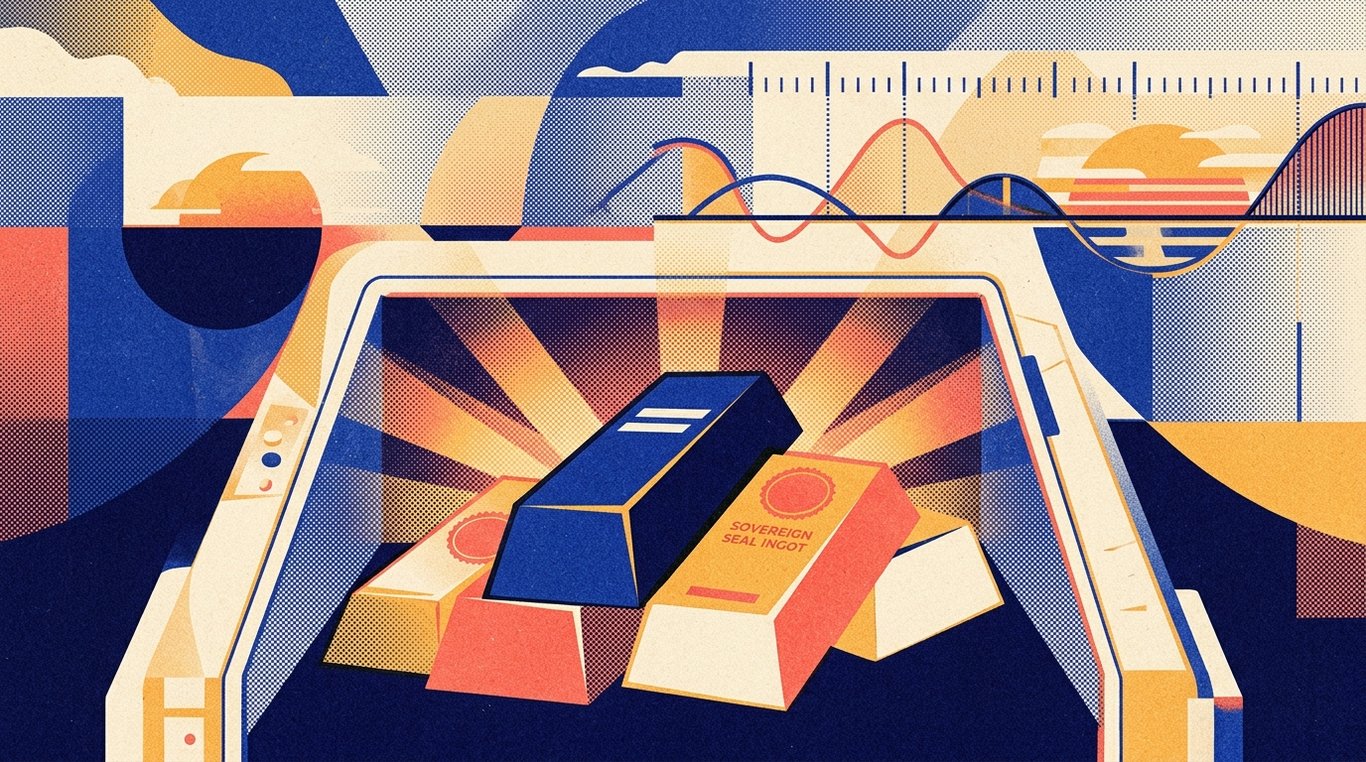 Contemporary risograph editorial illustration of polished geometric bullion bars and sovereign seal ingots resting safely inside a reinforced bank vault safe, emitting warm luminescent financial security rays for 'Taxation of Gold and Silver ETFs in India'