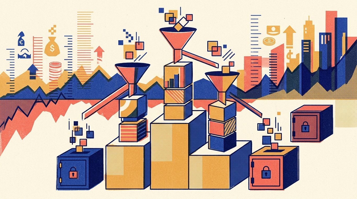Contemporary risograph editorial illustration of three-tiered podium comparing distinct compounding wealth engines, with geometric tax funnels channeling savings into high-growth investment vaults for 'Taxation on RBI Floating Rate Bonds: What You Need to Know'