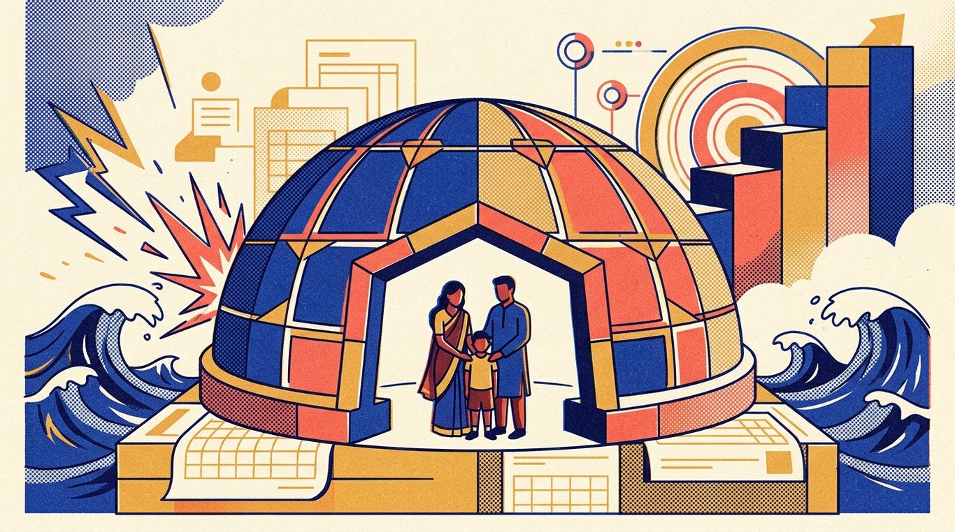 Contemporary risograph editorial illustration of imposing, fortified architectural dome shield sheltering a family sanctuary and financial foundation against storm waves and sudden external turbulence for 'Term Insurance Claim Process in India: Step-by-Step Guide for Nominees'