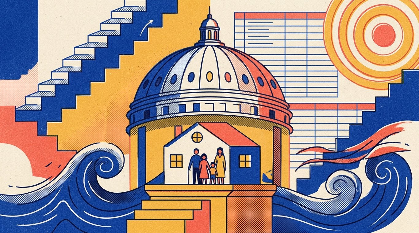 Contemporary risograph editorial illustration of imposing, fortified architectural dome shield sheltering a family sanctuary and financial foundation against storm waves and sudden external turbulence for 'Term Insurance vs Endowment Plans: The Hidden Trap You Must Avoid'