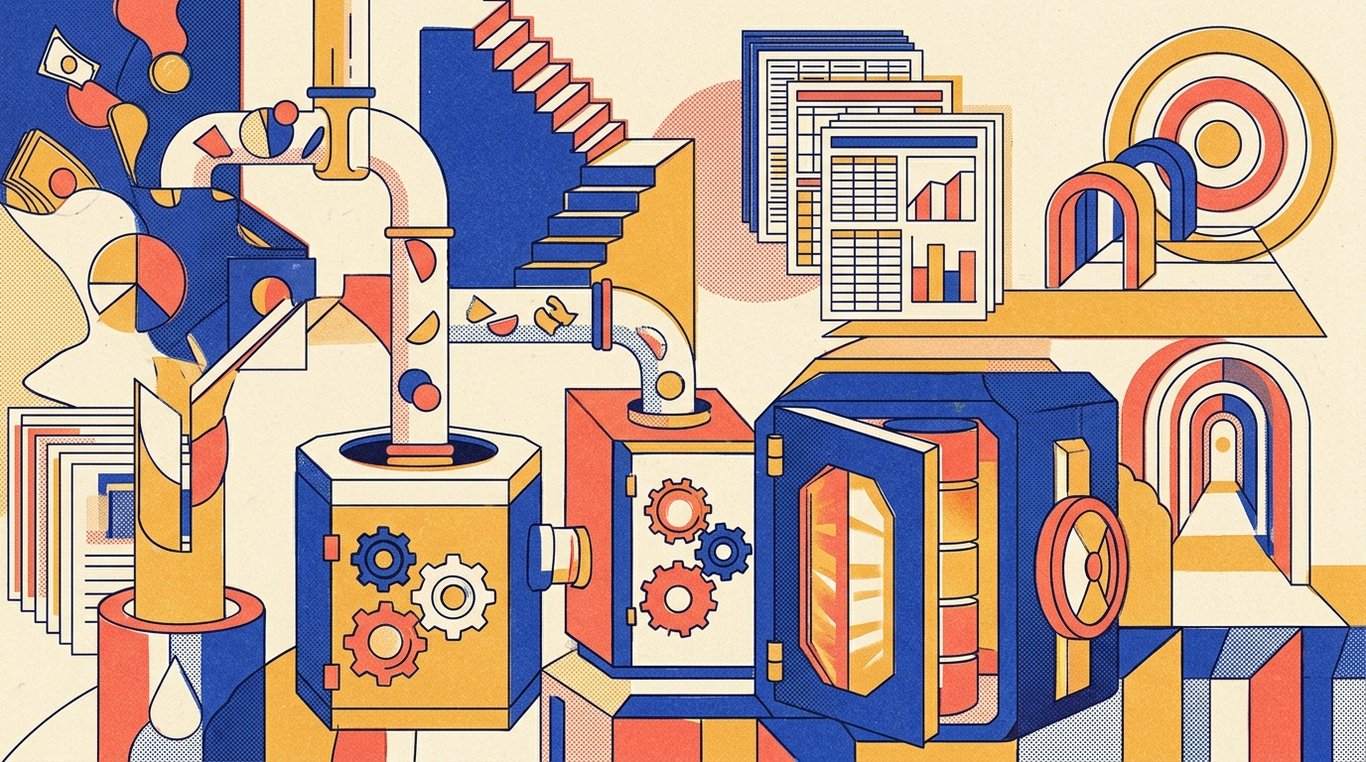 Contemporary risograph editorial illustration of structured financial workshop showing automated wealth conduits channeling income streams into fortified savings and compounding vaults for 'The 100-Minus-Age Rule: Is it Outdated for Indian Investors?'