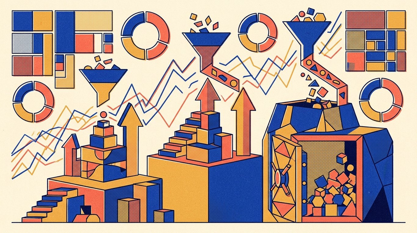 Contemporary risograph editorial illustration of three-tiered podium comparing distinct compounding wealth engines, with geometric tax funnels channeling savings into high-growth investment vaults for 'The 3-Year Lock-in Trap: What Happens When Your ELSS Matures?'