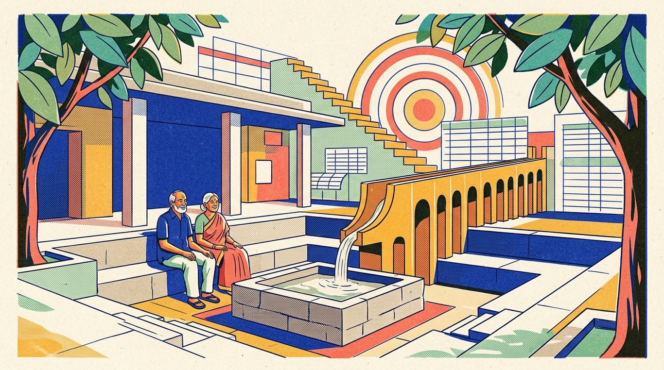 Contemporary risograph editorial illustration of serene architectural courtyard with sturdy shade trees and a rhythmic, reliable monthly pension aqueduct filling an elderly couple's personal reservoir for 'The 4% Rule for Retirement Withdrawals: Does it Work in India?'