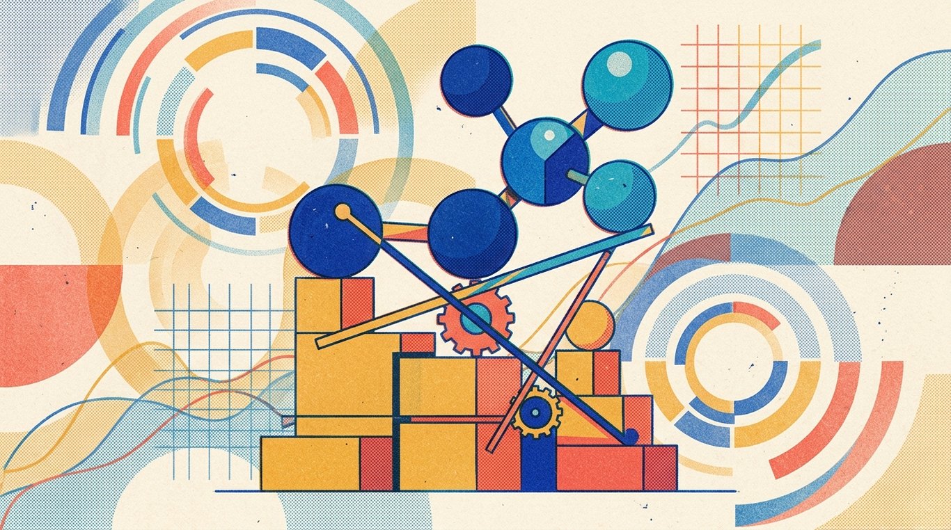 Contemporary risograph editorial illustration of balanced geometric structure of equity growth spheres and foundational debt blocks maintained in equilibrium by dynamic allocation levers for 'The 50-30-20 Rule: How to Budget for Your First SIP'