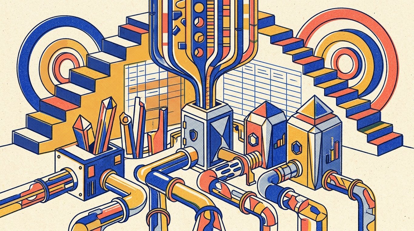 Contemporary risograph editorial illustration of structured financial workshop showing automated wealth conduits channeling income streams into fortified savings and compounding vaults for 'The Credit Card Minimum Due Trap: How 36% Interest Destroys Wealth'