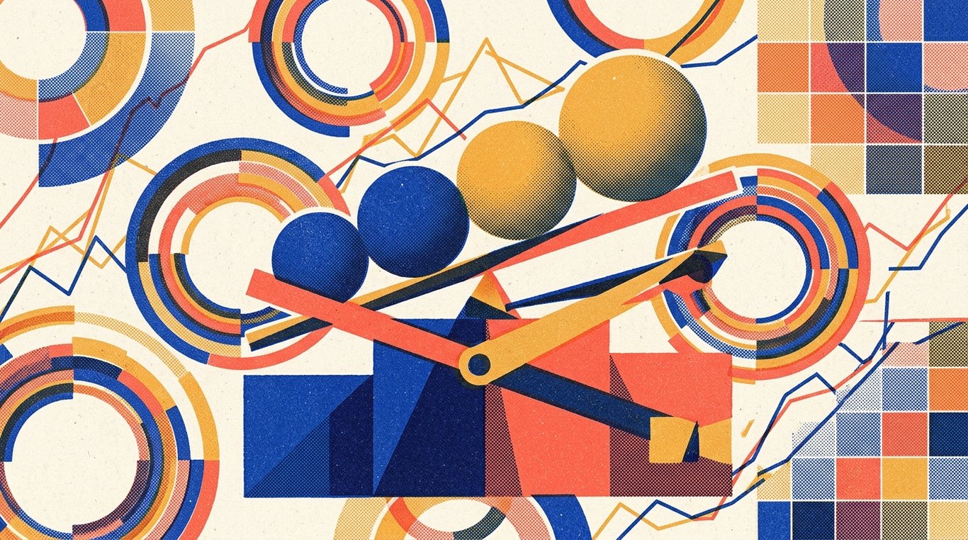 Contemporary risograph editorial illustration of balanced geometric structure of equity growth spheres and foundational debt blocks maintained in equilibrium by dynamic allocation levers for 'The Danger of Small Cap Mutual Funds: Why New Investors Get Trapped'