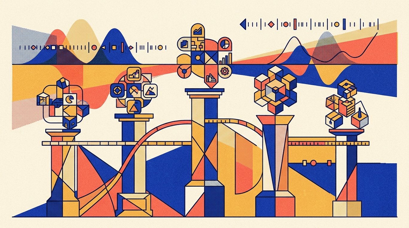 Contemporary risograph editorial illustration of harmonious architectural colonnade of balanced geometric pedestals and calibrated index rails supporting diverse enterprise sectors in equilibrium for 'The Hidden Costs of ETFs: Brokerage, STT, and Demat Charges'