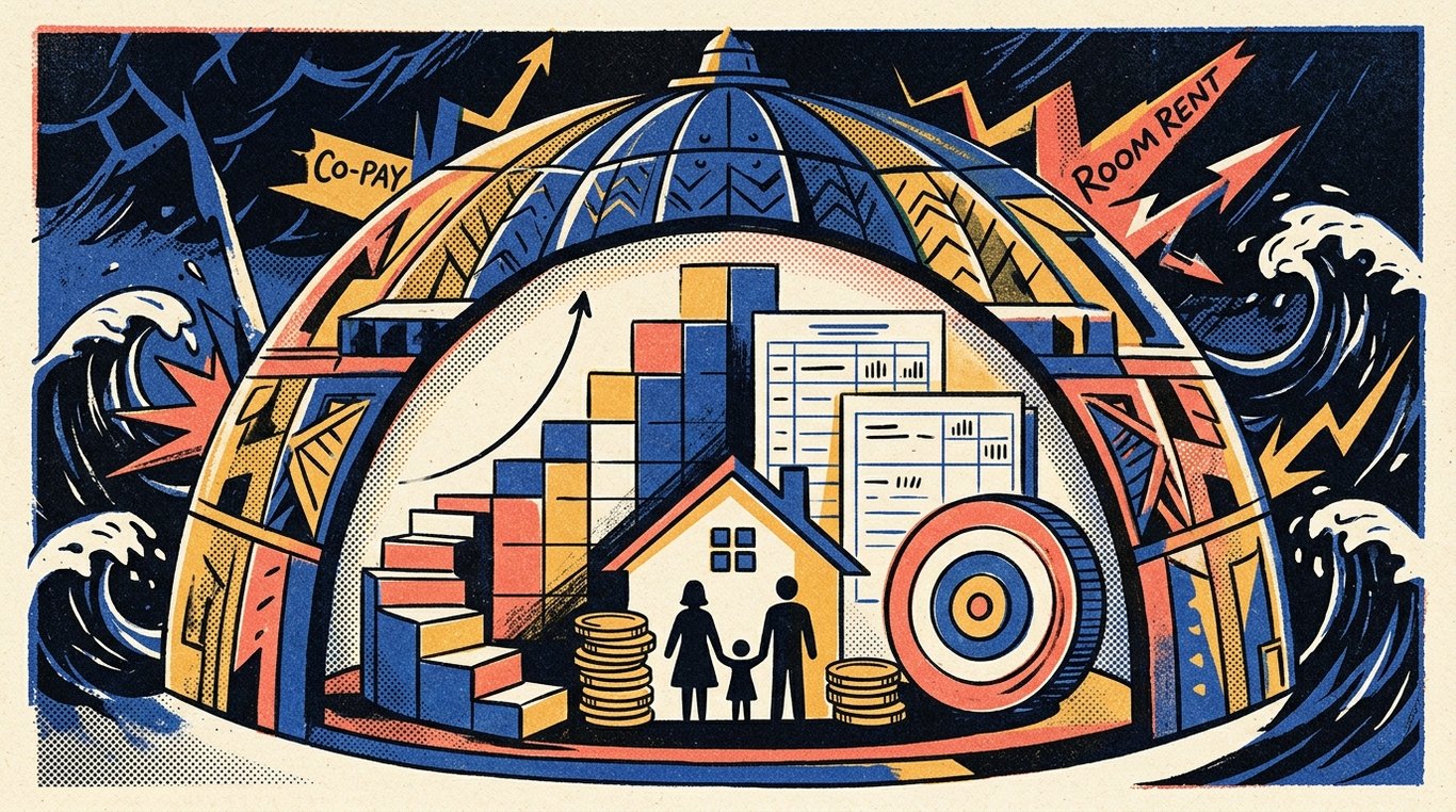Contemporary risograph editorial illustration of imposing, fortified architectural dome shield sheltering a family sanctuary and financial foundation against storm waves and sudden external turbulence for 'The Hidden Traps in Health Insurance: Co-pay and Room Rent Limits Explained'