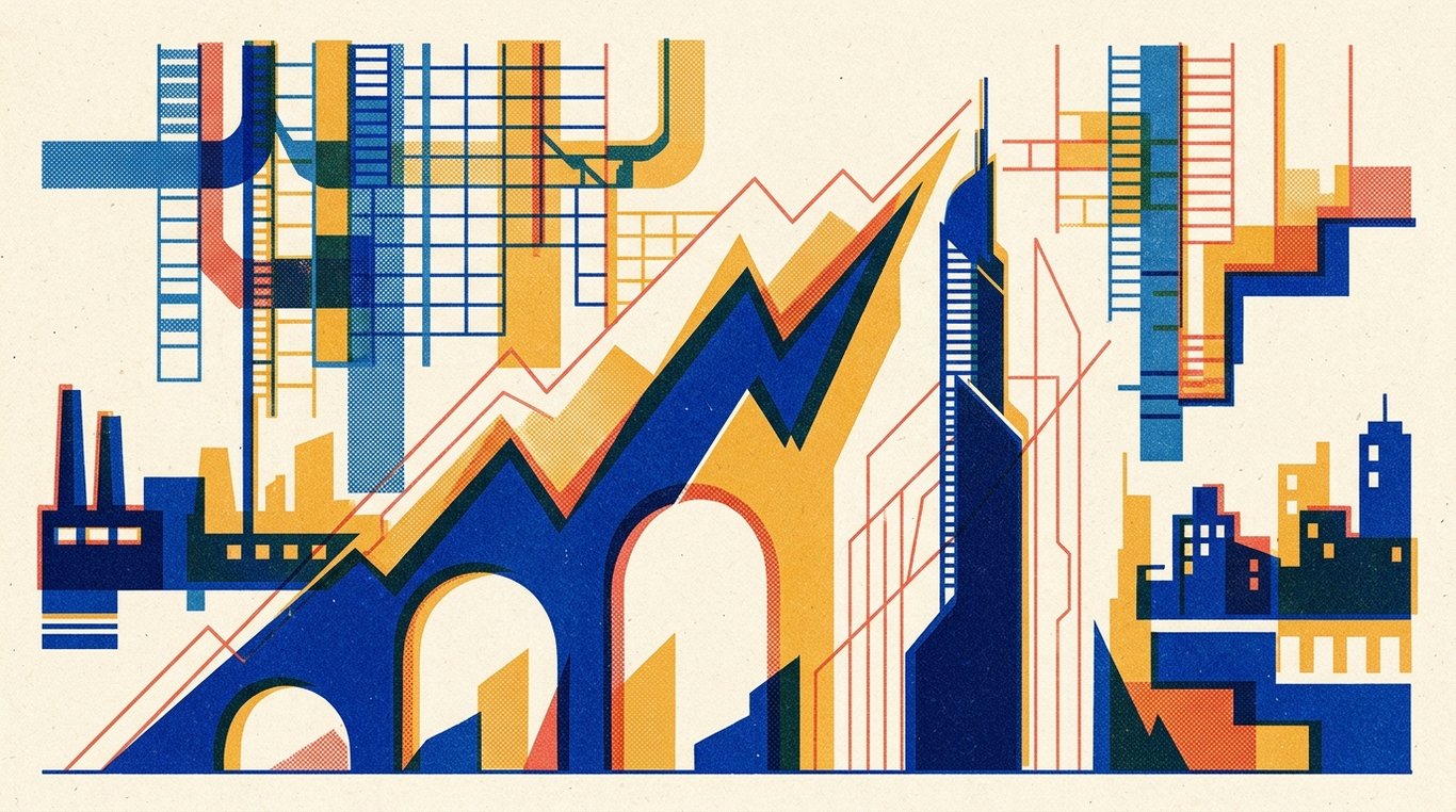 Contemporary risograph editorial illustration of ascending geometric trajectory arches and soaring enterprise silhouettes climbing alongside precision analytical drafting lines for 'The Illusion of Intraday Trading: Why Social Media Screenshots are Fake'