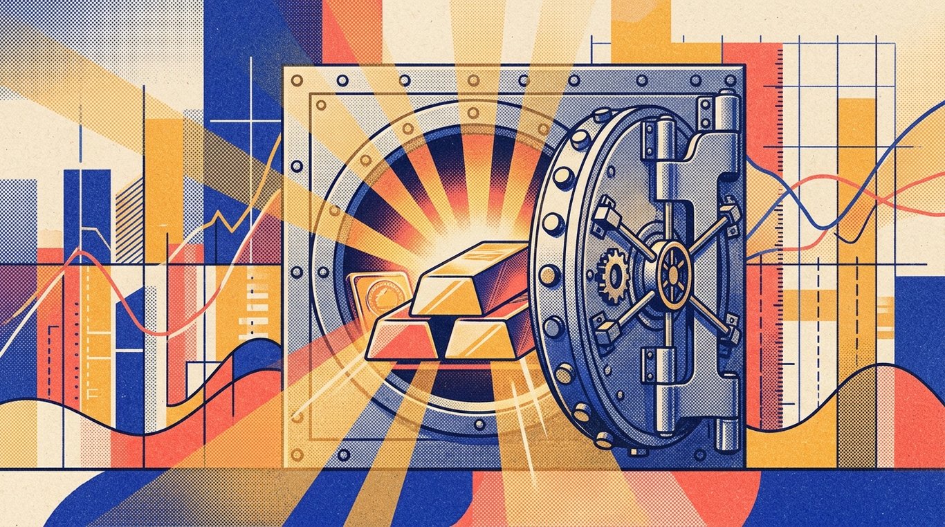 Contemporary risograph editorial illustration of polished geometric bullion bars and sovereign seal ingots resting safely inside a reinforced bank vault safe, emitting warm luminescent financial security rays for 'The Interest Component of SGBs: How the 2.5% Payout Works'