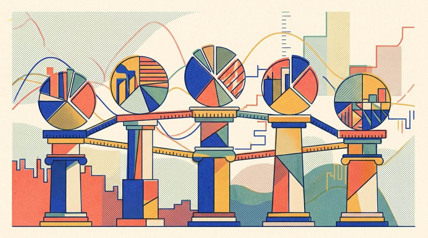 Contemporary risograph editorial illustration of harmonious architectural colonnade of balanced geometric pedestals and calibrated index rails supporting diverse enterprise sectors in equilibrium for 'The Psychological Advantage of Holding Index Funds During a Crash'