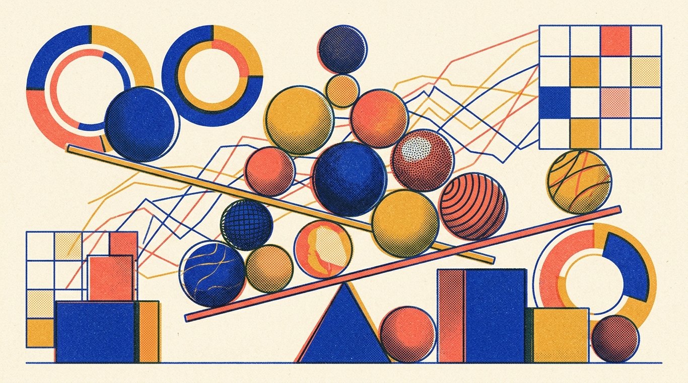 Contemporary risograph editorial illustration of balanced geometric structure of equity growth spheres and foundational debt blocks maintained in equilibrium by dynamic allocation levers for 'The Risk of Chasing Last Year's Top Performing Mutual Fund'