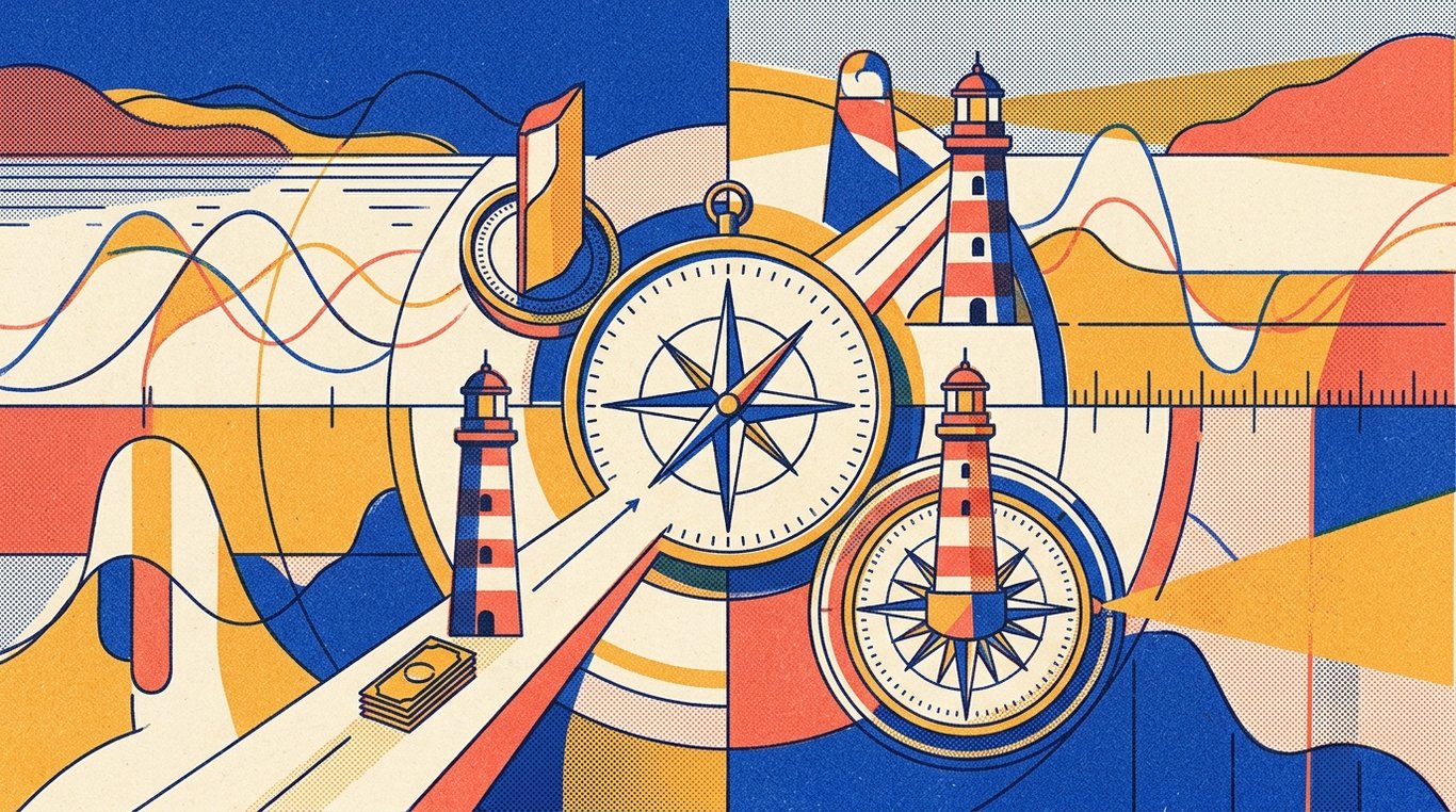 Contemporary risograph editorial illustration of intricate navigational financial map with self-calibrating compass dials and beacon lighthouses guiding capital through changing market cycles for 'The Risk of Default: Lessons from Past NCD Failures in India'
