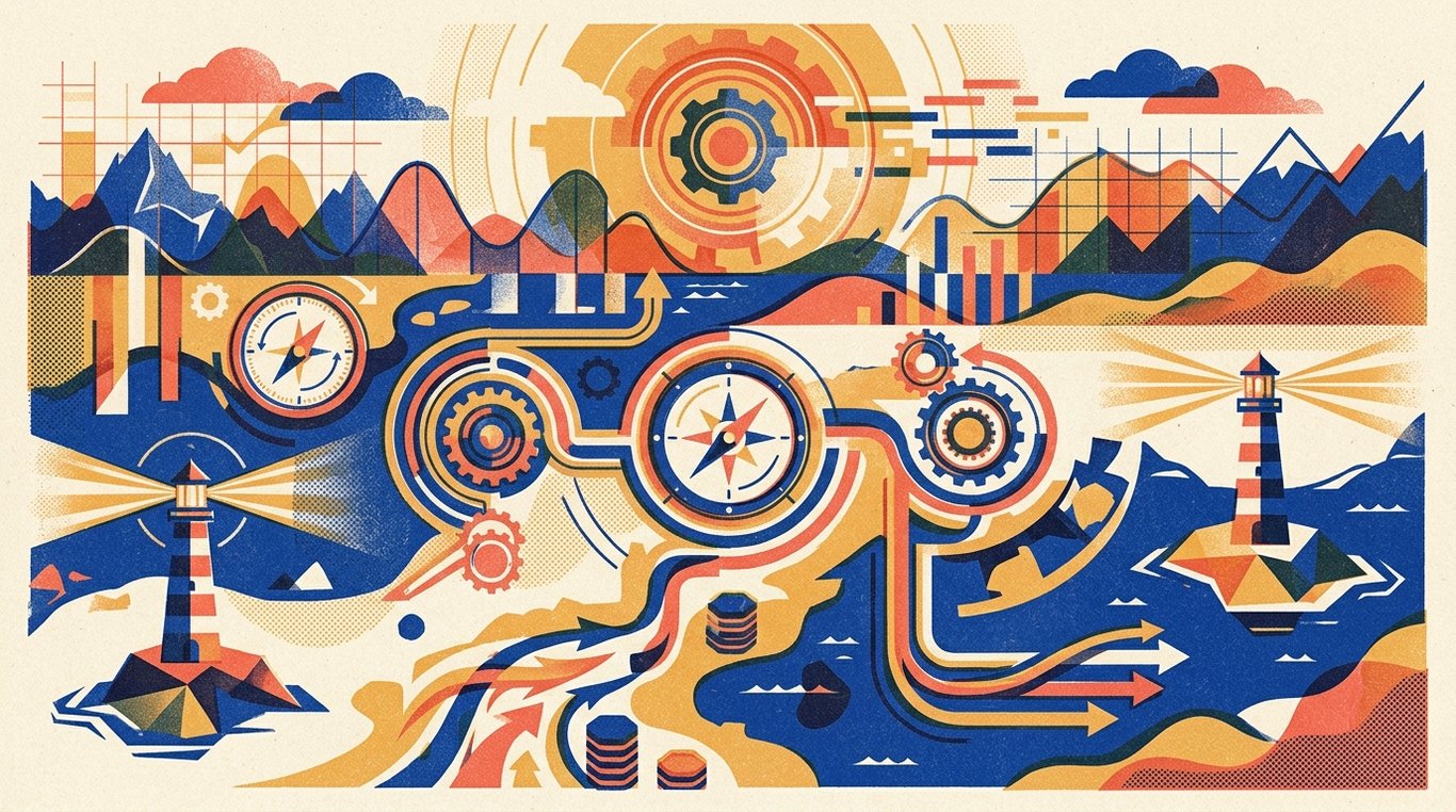 Contemporary risograph editorial illustration of intricate navigational financial map with self-calibrating compass dials and beacon lighthouses guiding capital through changing market cycles for 'The Step-by-Step Guide to Opening an RBI Retail Direct Gilt Account'