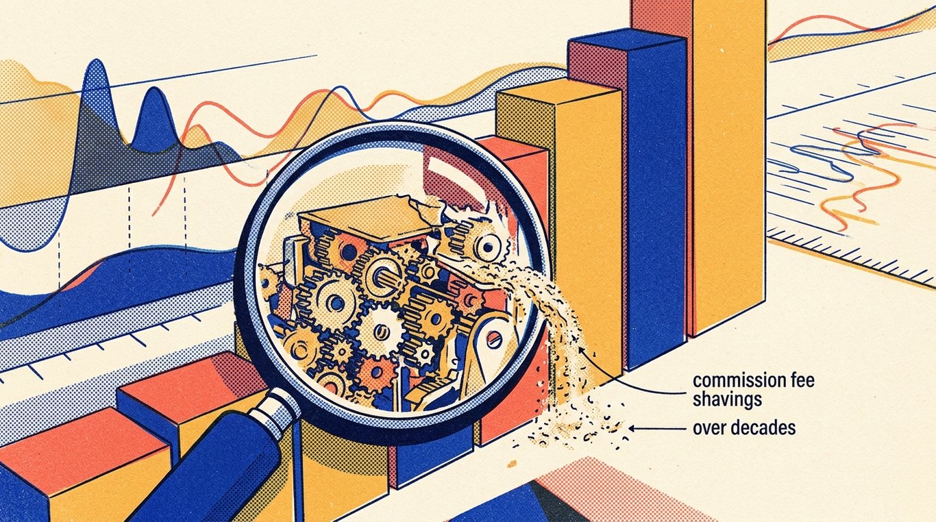 A magnifying glass reveals small expense gears beside a block of investment capital