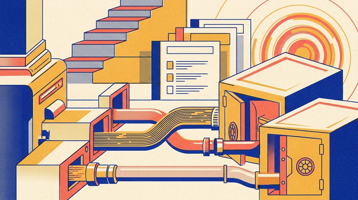 Contemporary risograph editorial illustration of structured financial workshop showing automated wealth conduits channeling income streams into fortified savings and compounding vaults for 'The Truth About 'Return of Premium' Term Plans: Are They Worth It?'