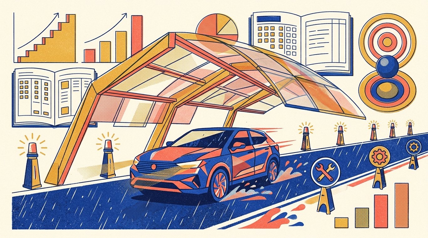 Contemporary risograph editorial illustration of stylized vehicle moving across a rain-swept highway protected beneath an expansive architectural safety shield canopy, surrounded by repair assistance beacons for 'Third-Party vs Comprehensive Car Insurance: Which One Should You Buy?'