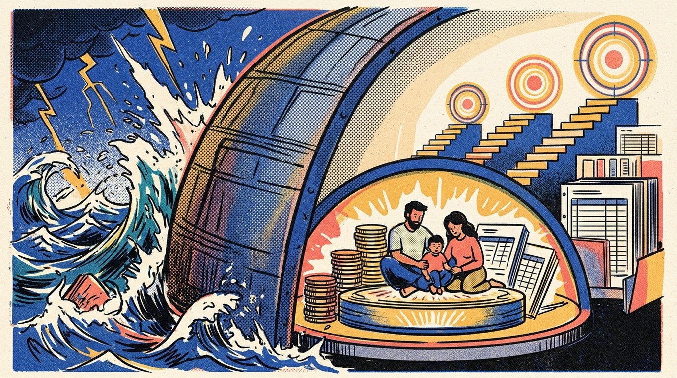 Contemporary risograph editorial illustration of imposing, fortified architectural dome shield sheltering a family sanctuary and financial foundation against storm waves and sudden external turbulence for 'Top 5 Mistakes to Avoid When Buying Term Insurance in India'