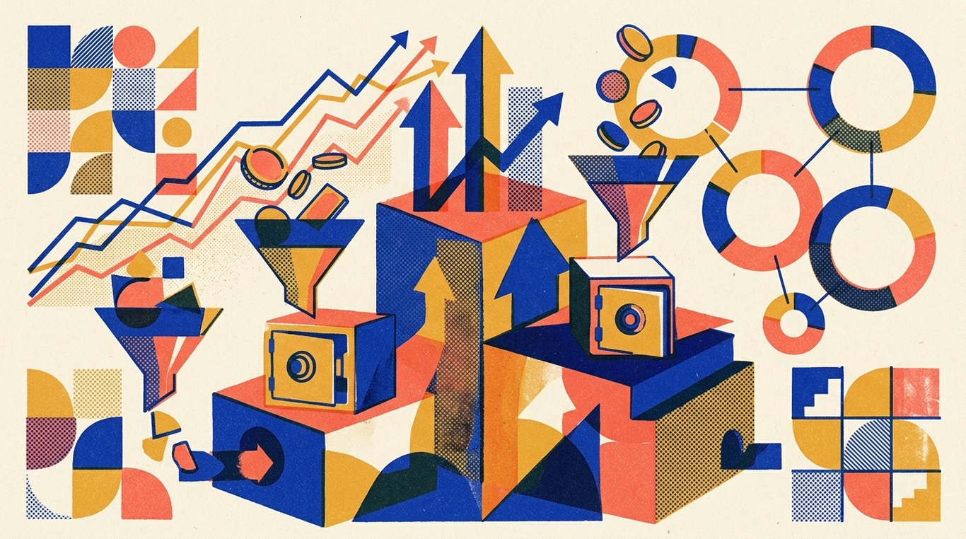 Contemporary risograph editorial illustration of three-tiered podium comparing distinct compounding wealth engines, with geometric tax funnels channeling savings into high-growth investment vaults for 'Top ELSS Mistakes Salaried Employees Make Every March'